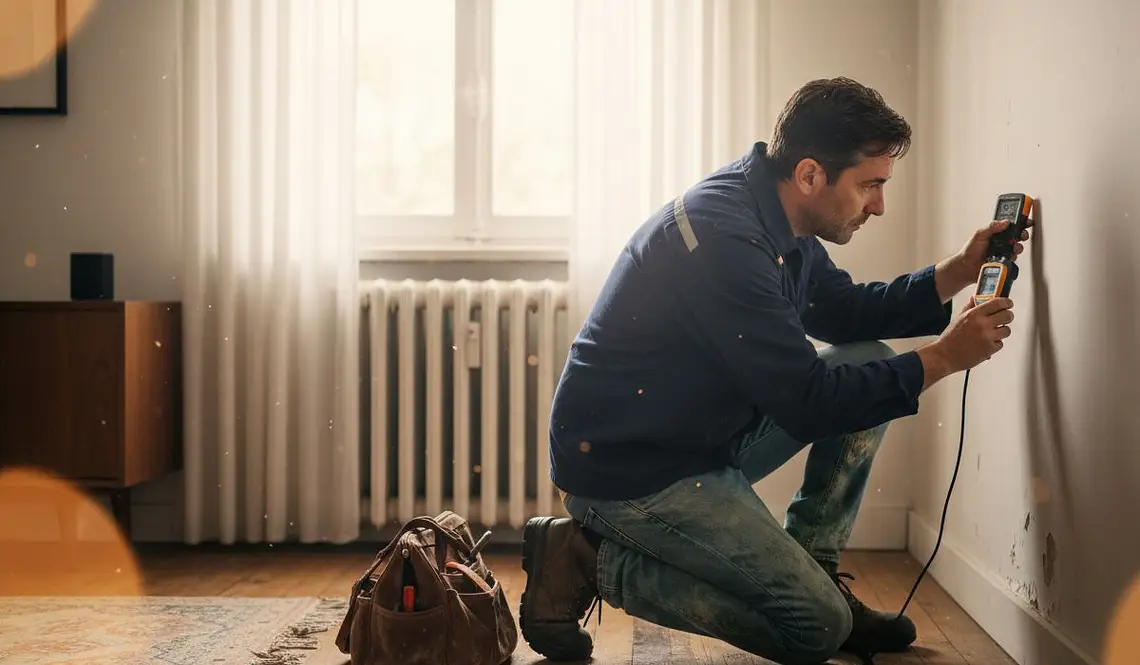 Técnico de humedad tomando medidas de humedad en pared