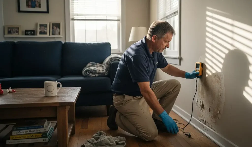 Técnico especialista midiendo humedades