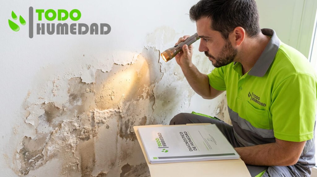 Trabajador de Todo Humedad comprobando pared con humedad por capilaridad