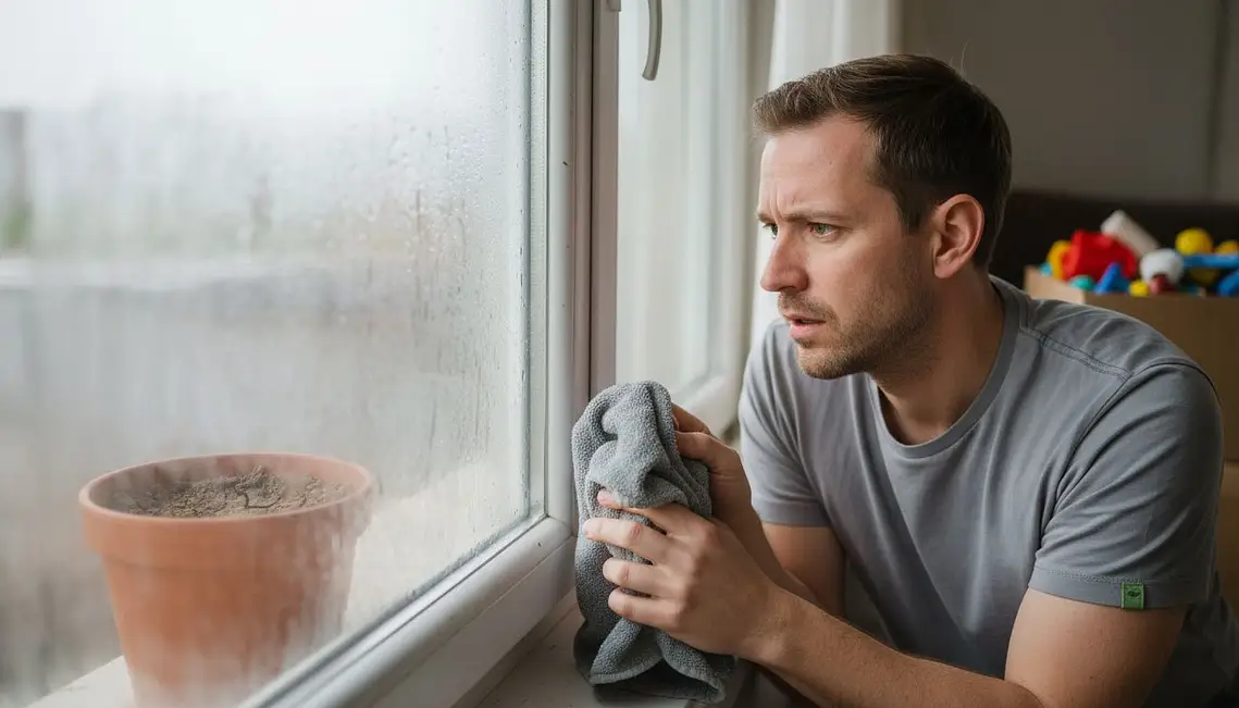 Hombre secando condensación en ventana