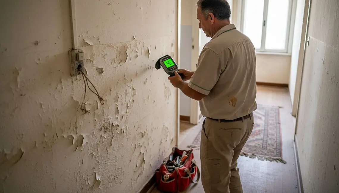 Experto comprueba pared con humedad