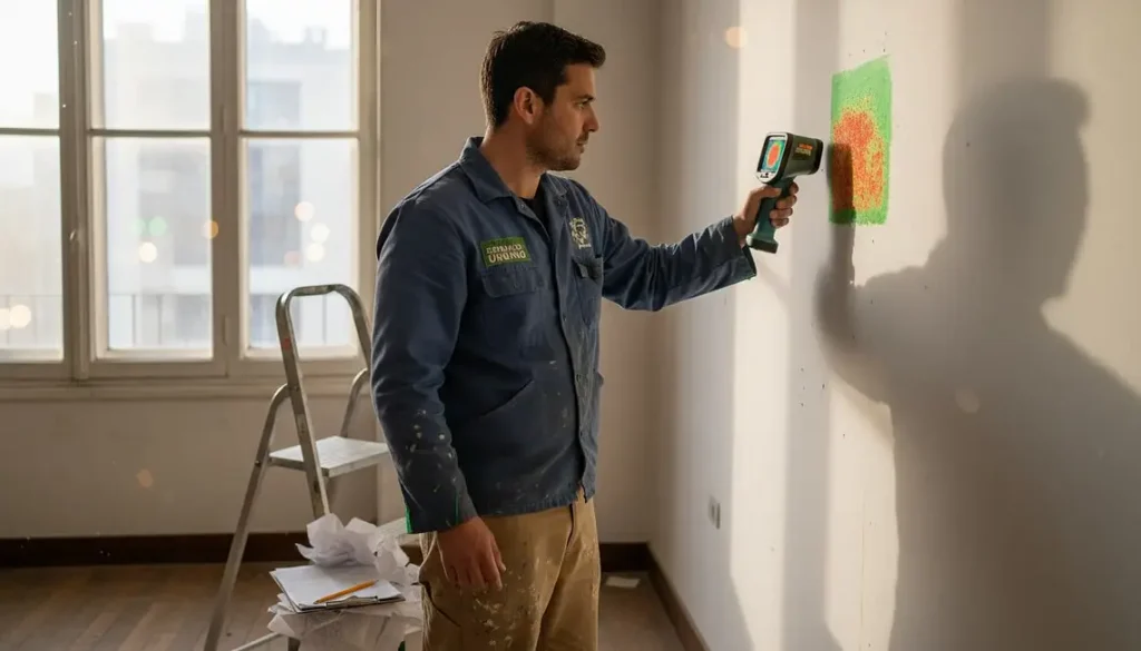 Experto en humedades comprobando con sistemas tecnologicamente avanzados el nivel de humedad de una pared