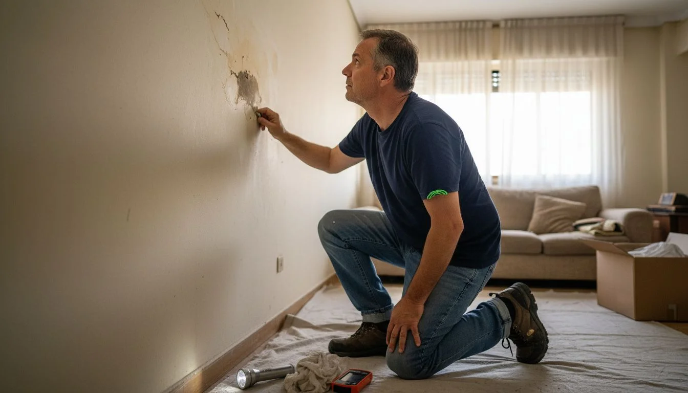 Experto en humedades revisando pared con humedad en Málaga