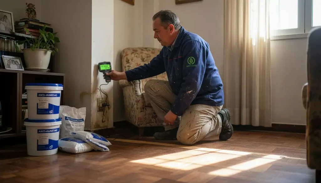 Hombre comprobando el tipo de humedad para aplicar la solución antihumedad adecuada