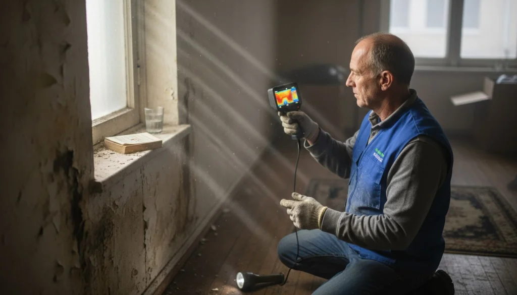 Hombre haciendo un diagnóstico del tipo de humedad con una cámara térmica