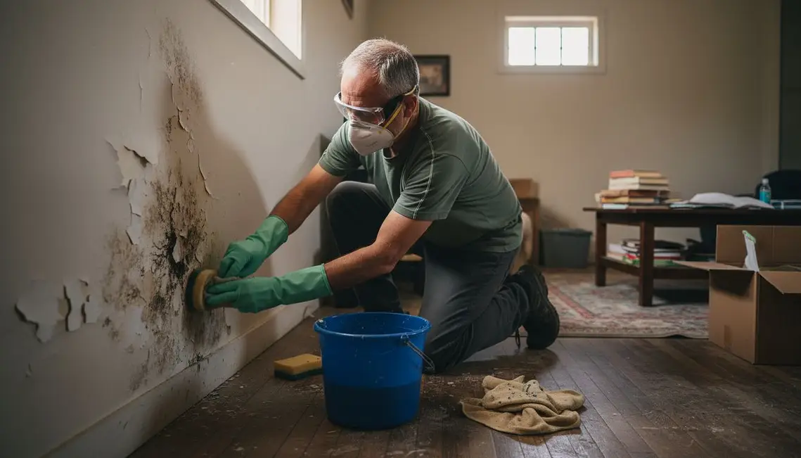 Hombre limpiando pared con humedad por condensación