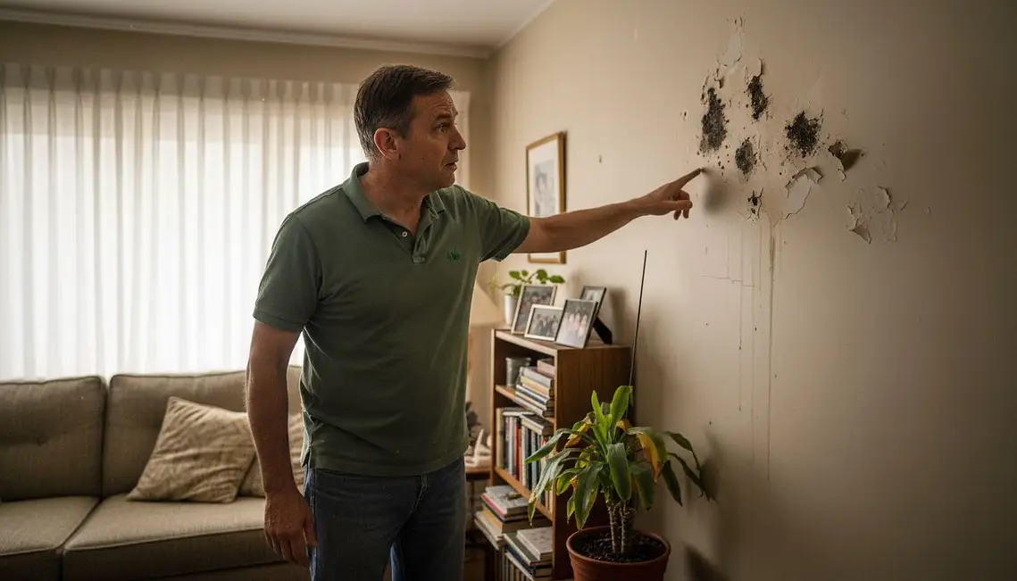 Hombre señala pared con humedad por condensación