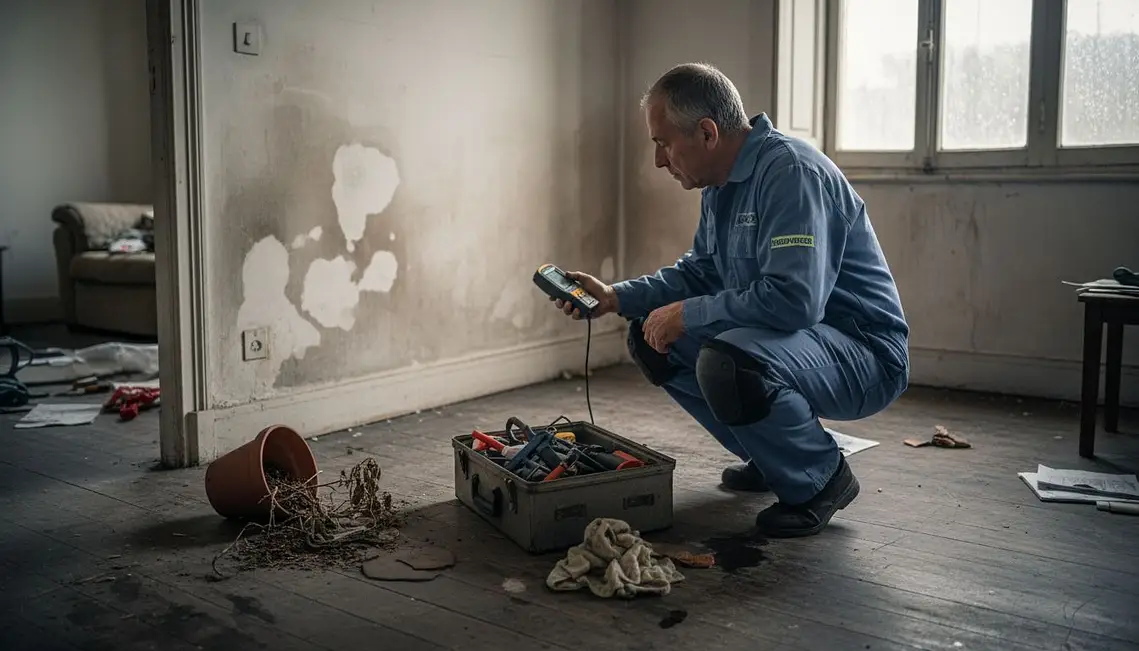 Profesional de humedades diagnosticando para una solución definitiva a las humedades en un piso de Granada