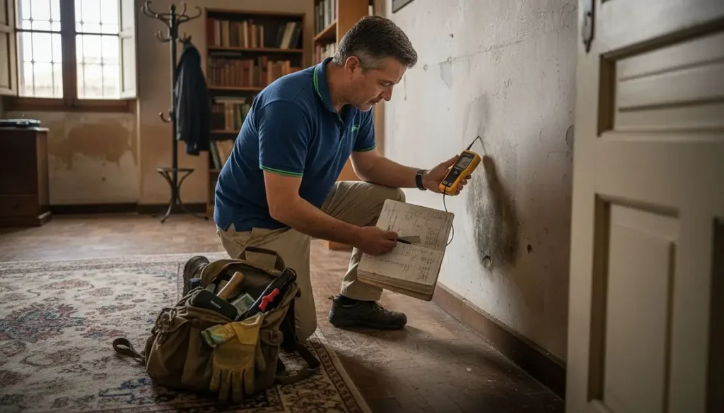 Profesional de la humedad anota datos de una humedad en un piso de Granada para un tratamiento efectivo