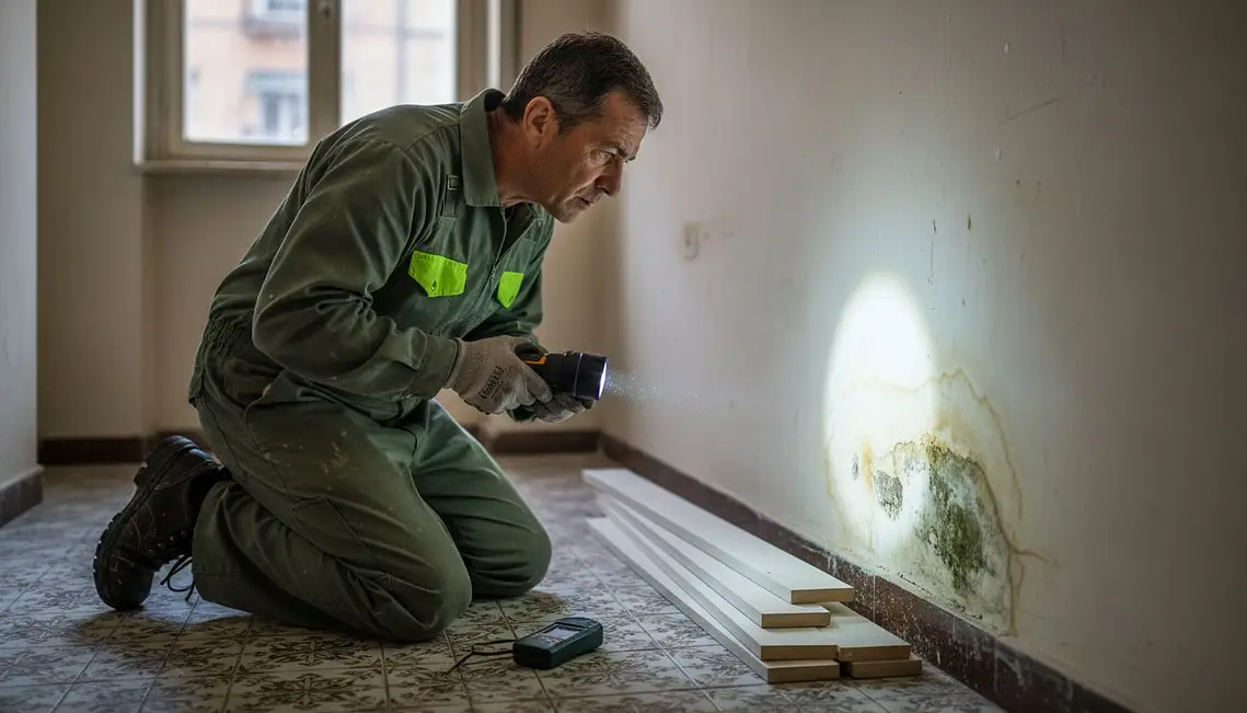 Profesional revisa una pared con humedad para eliminarla con garantía