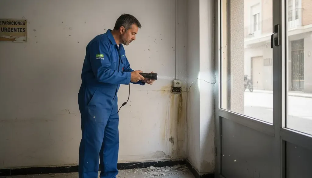 Técnico de humedades revisa humedad en un local