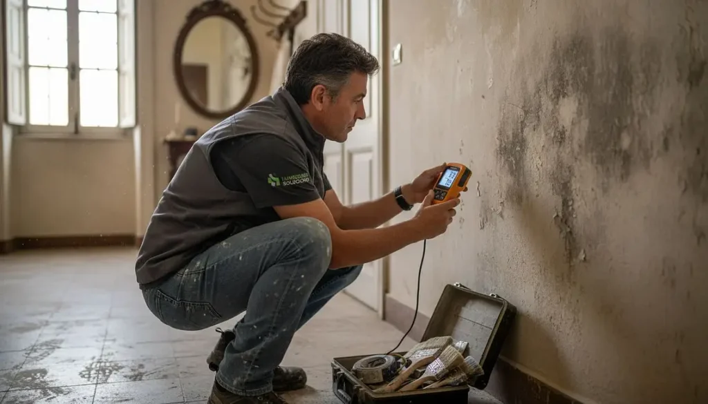 Técnico revisando una pared con humedades en Málaga