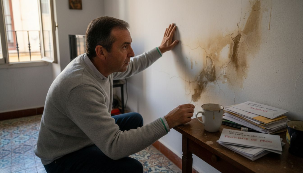 Propietario revisando los daños por humedad en su piso