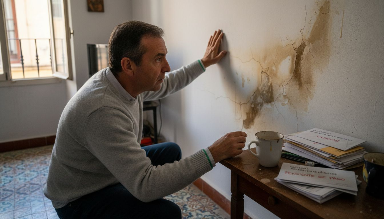 Propietario revisando los daños por humedad en su piso