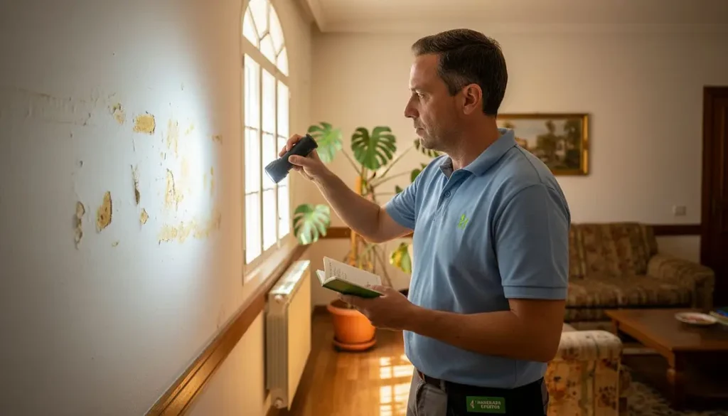 Tecnico inspecciona humedades en una pared de vivienda en Málaga