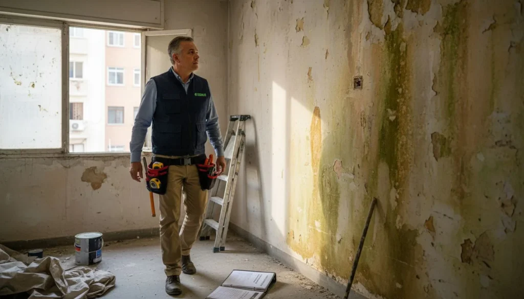 Un especialista inspecciona una pared con problemas de humedad.