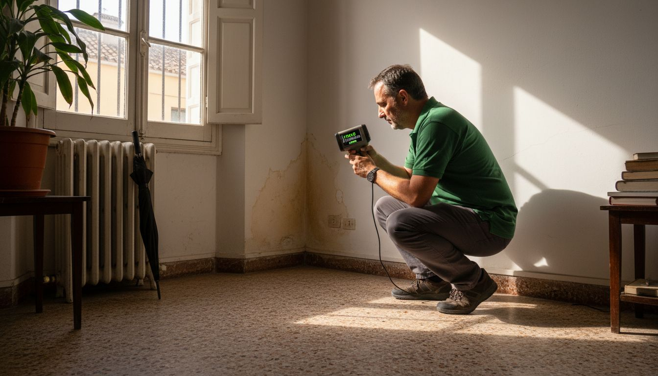 Técnico inspeccionando una pared con signos de humedad en una casa