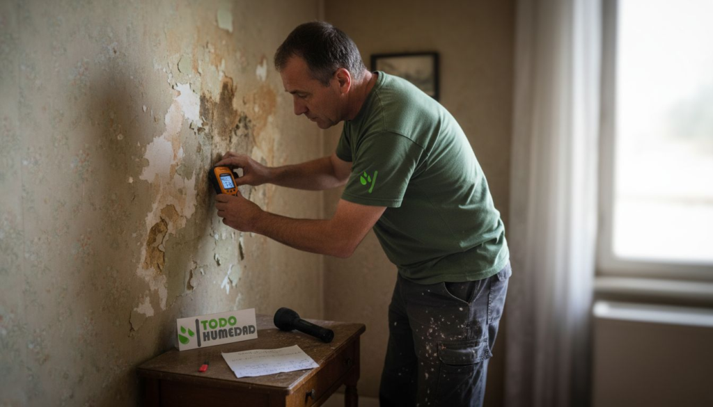 Especialista revisando las humedades en una vivienda antigua