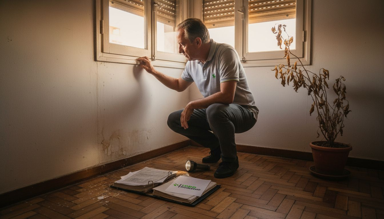 Agente inmobiliario revisando humedades en una vivienda
