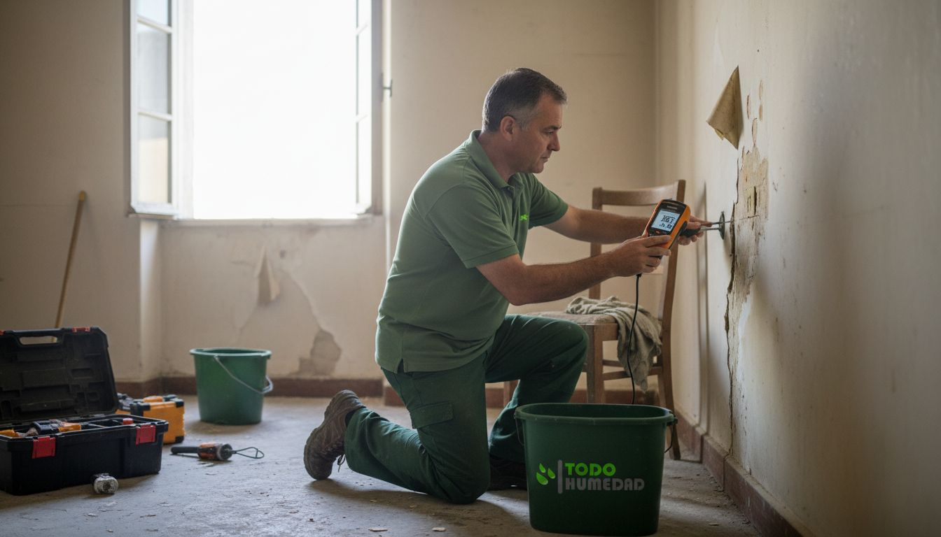 Especialista inspeccionando problemas de humedad en una casa antigua