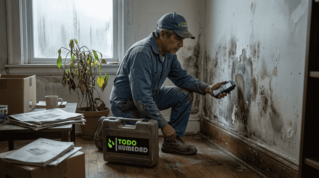 Profesional revisando filtraciones de humedad en la pared de una casa