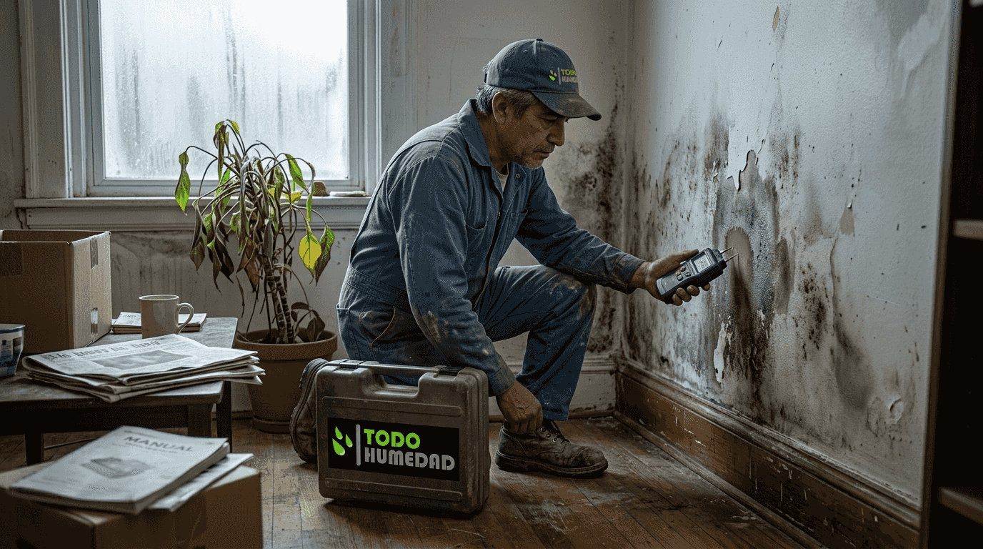 Profesional revisando filtraciones de humedad en la pared de una casa