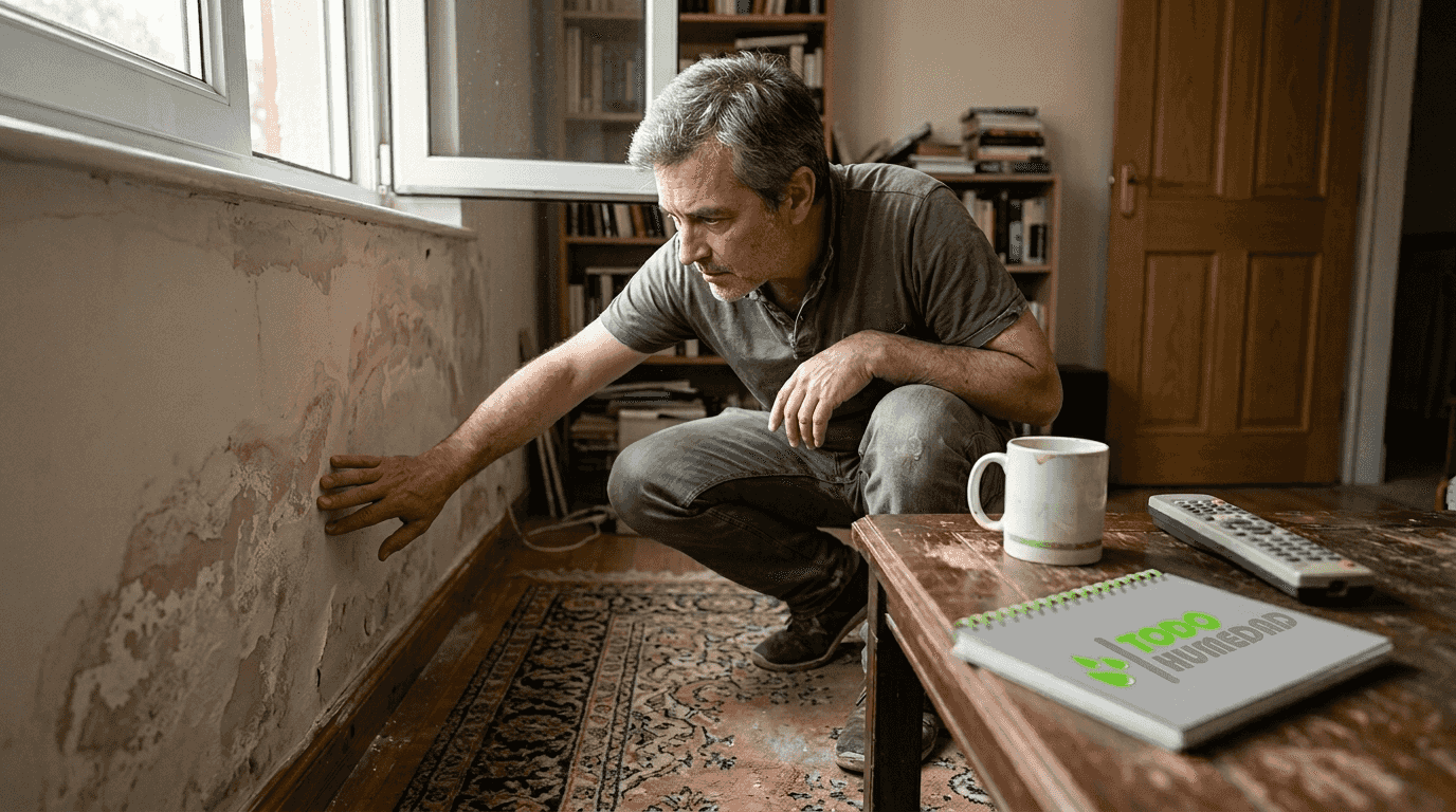Propietario revisando si hay humedad en el salón de su casa
