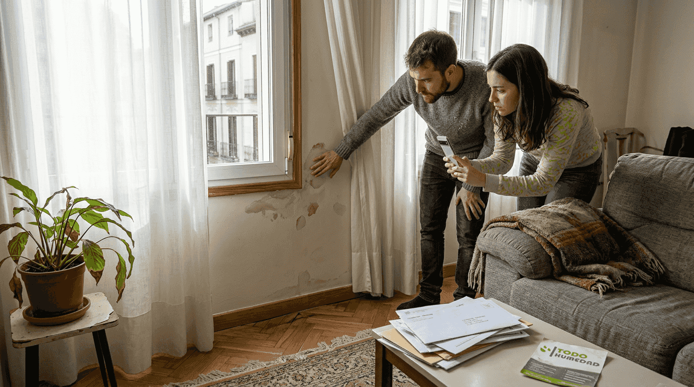 Una pareja revisa las manchas de humedad que han aparecido en el salón de su casa.