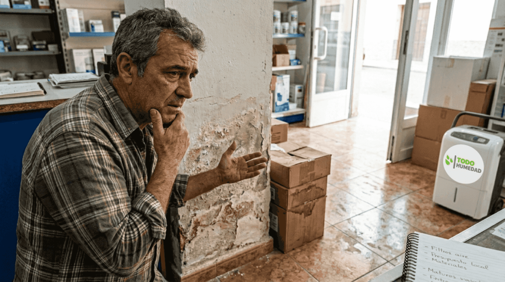 Propietario muestra las manchas de humedad que han aparecido en su local comercial.