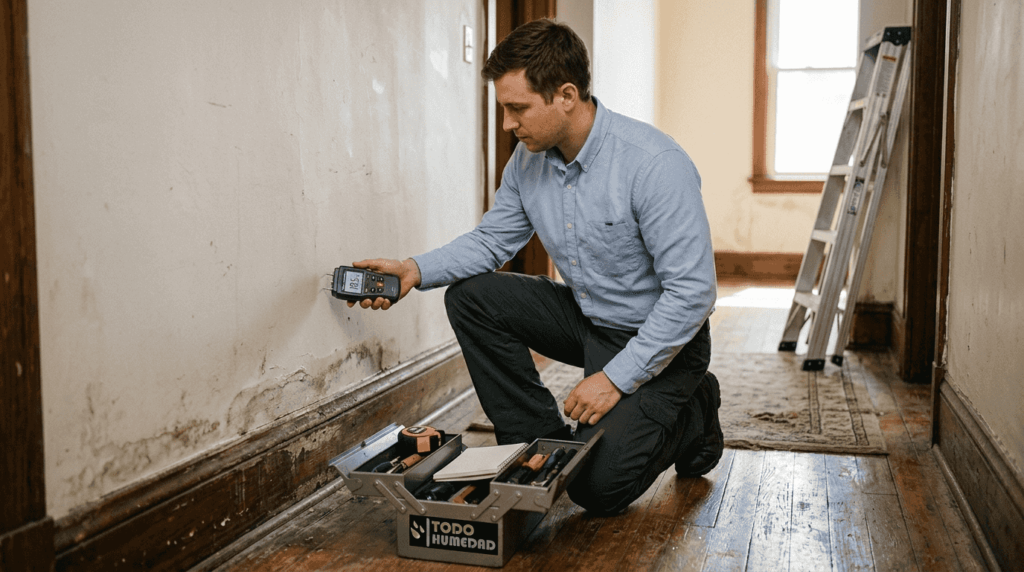 Un técnico realiza mediciones de humedad en el pasillo de una casa.