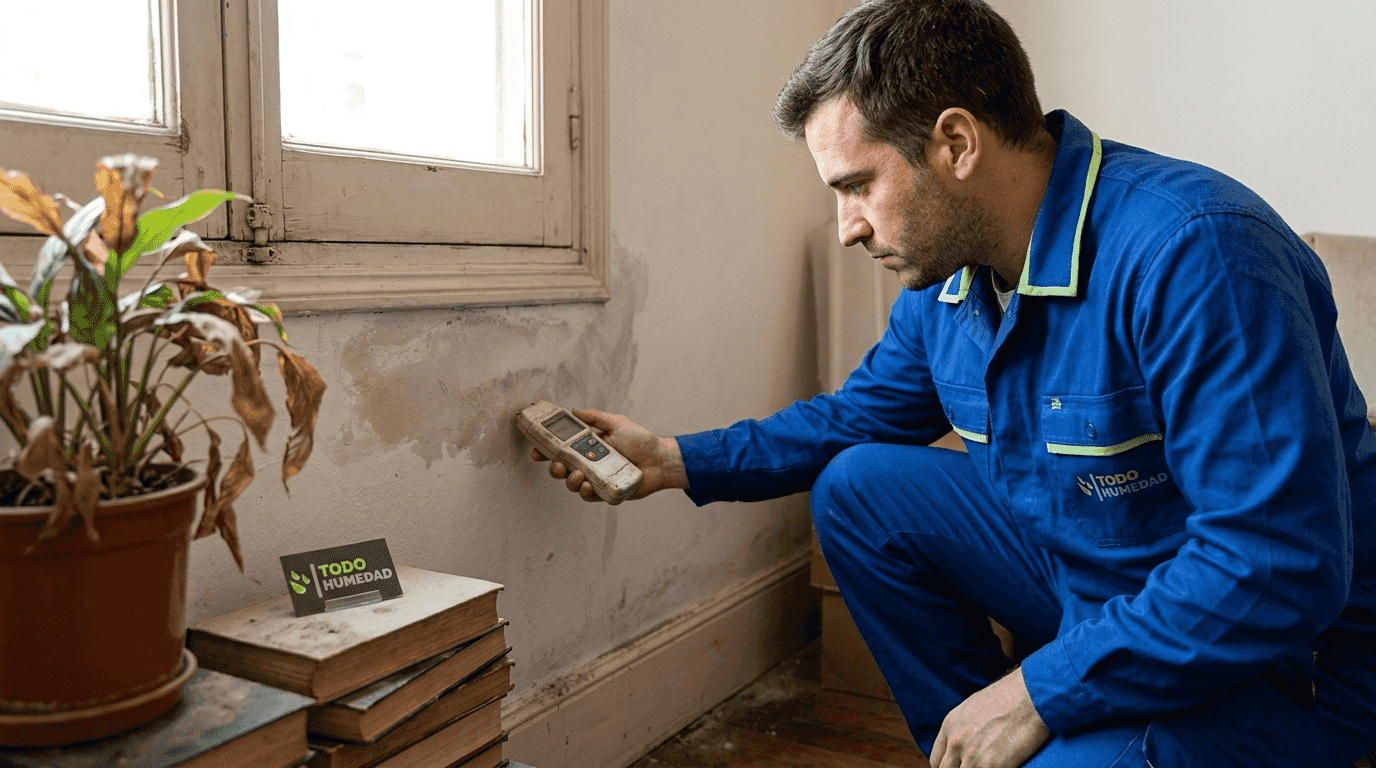Un especialista inspecciona la humedad en la pared de una sala antigua.