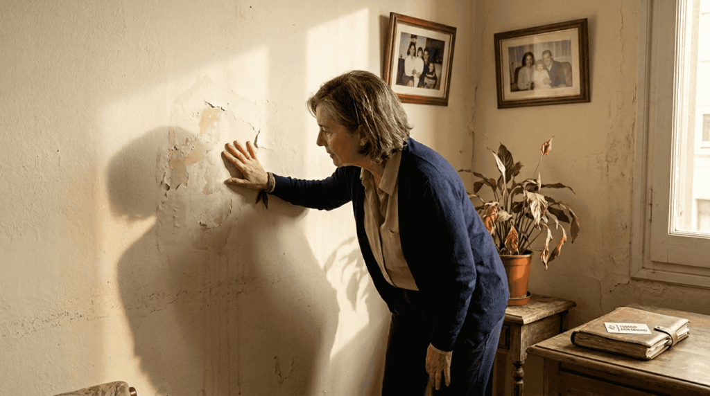 Mujer revisando una mancha de humedad en la pared
