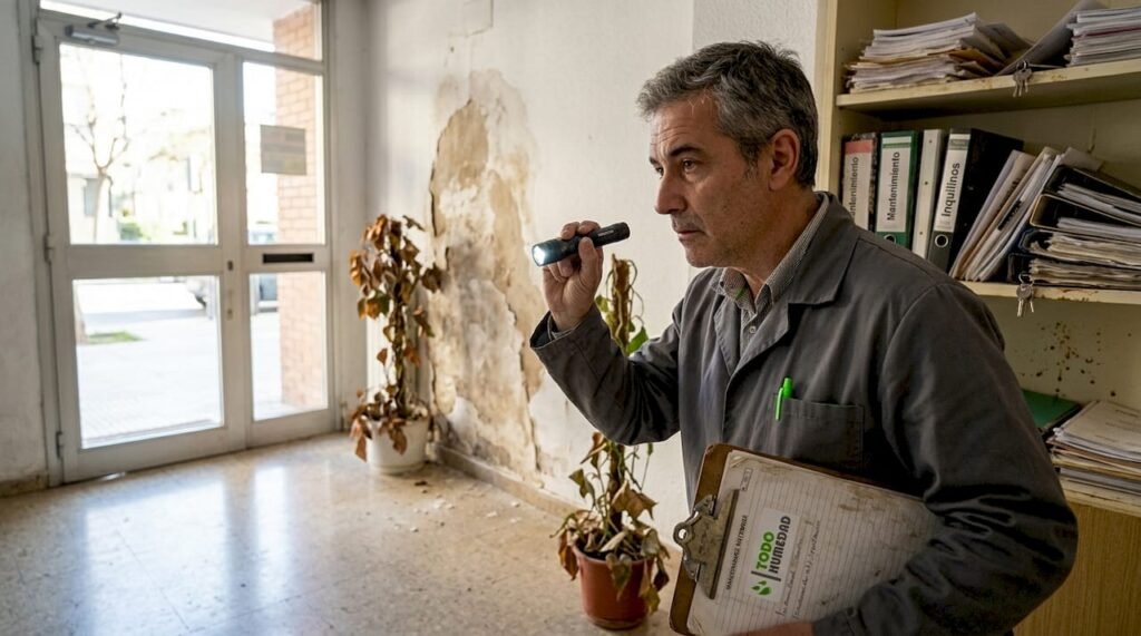 El encargado del edificio revisa una pared afectada por humedad.