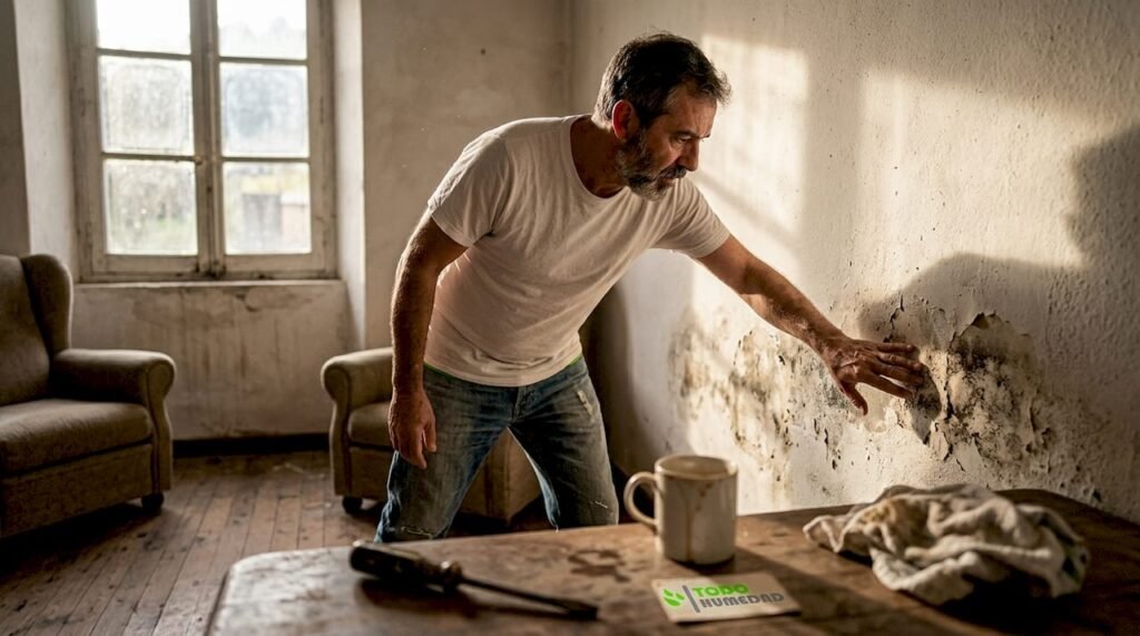Hombre inspeccionando una mancha de humedad en la pared