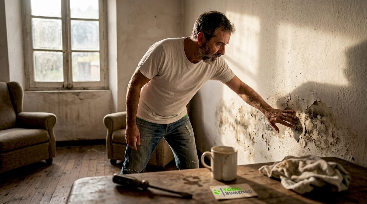 Hombre inspeccionando una mancha de humedad en la pared