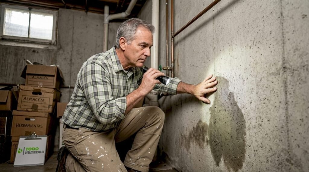 El inspector revisa si hay filtraciones de agua en las paredes del sótano.