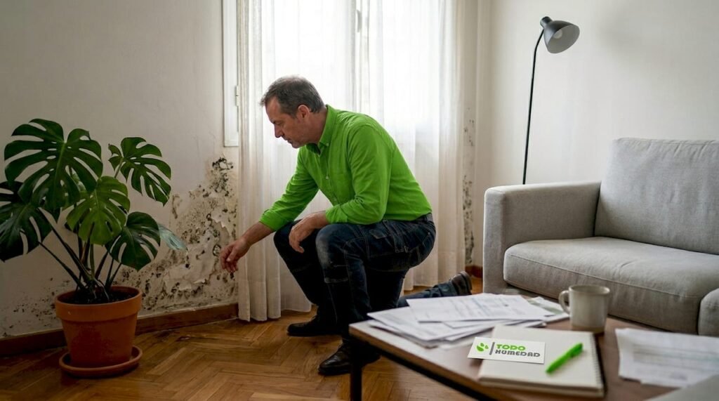 Propietario revisando manchas de humedad en su vivienda