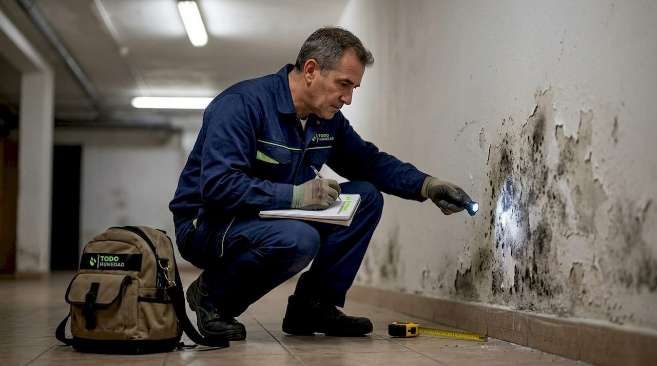 Especialista revisando problemas de humedad en el sótano de una comunidad de vecinos