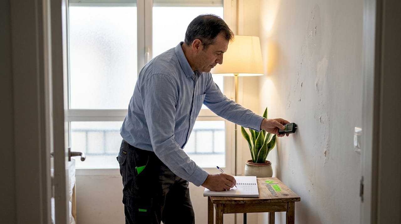 Especialista inspeccionando filtraciones de humedad en una pared de casa