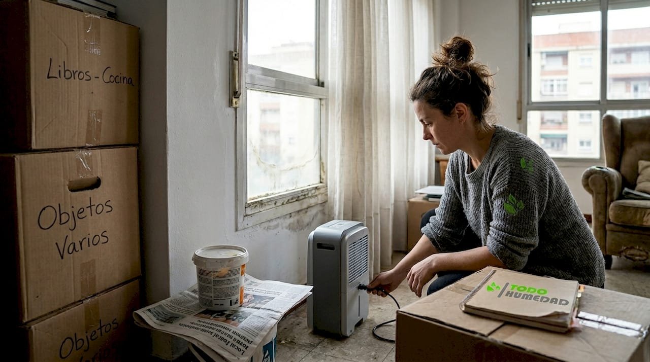 Mujer eliminando la humedad en casa con un deshumidificador y sellador