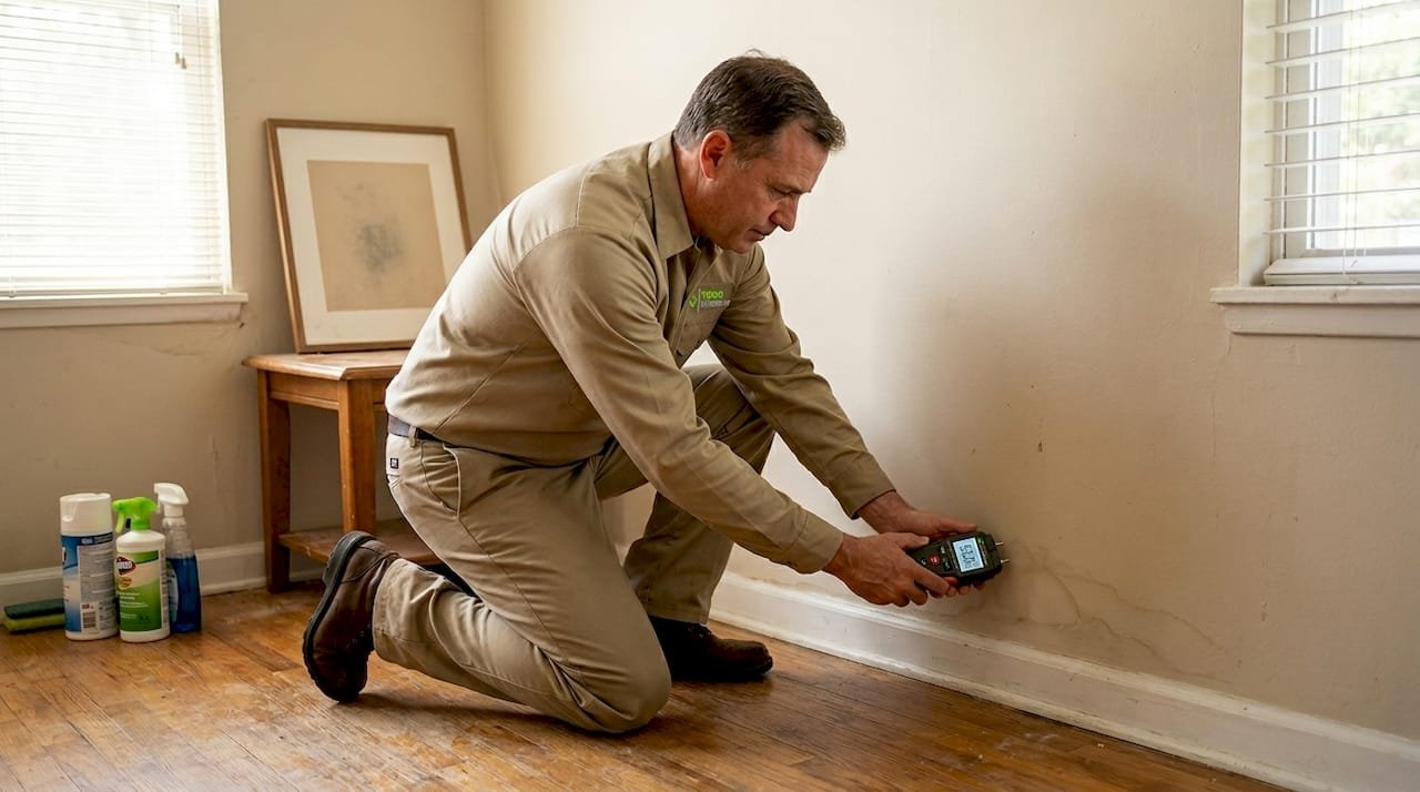 Técnico de inspección de viviendas revisando la pared para detectar humedad