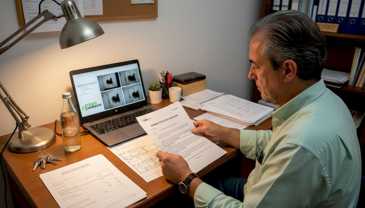 El administrador analiza detenidamente el informe técnico sobre los problemas de humedad en el edificio.