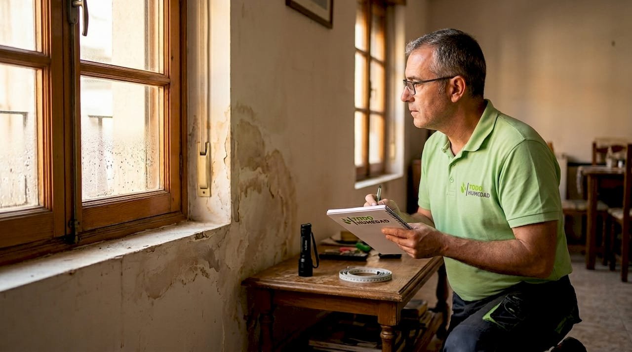 Especialista inspeccionando una pared con problemas de humedad en el hogar