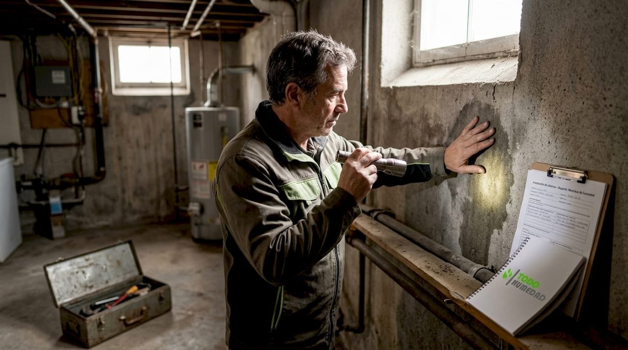 Un especialista revisa la pared para detectar problemas de humedad.