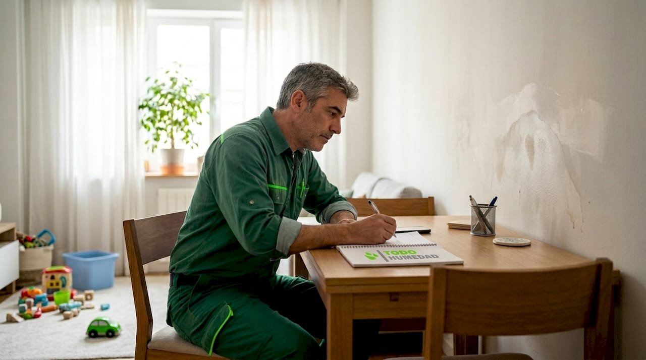 Especialista revisando la humedad en la pared de una casa