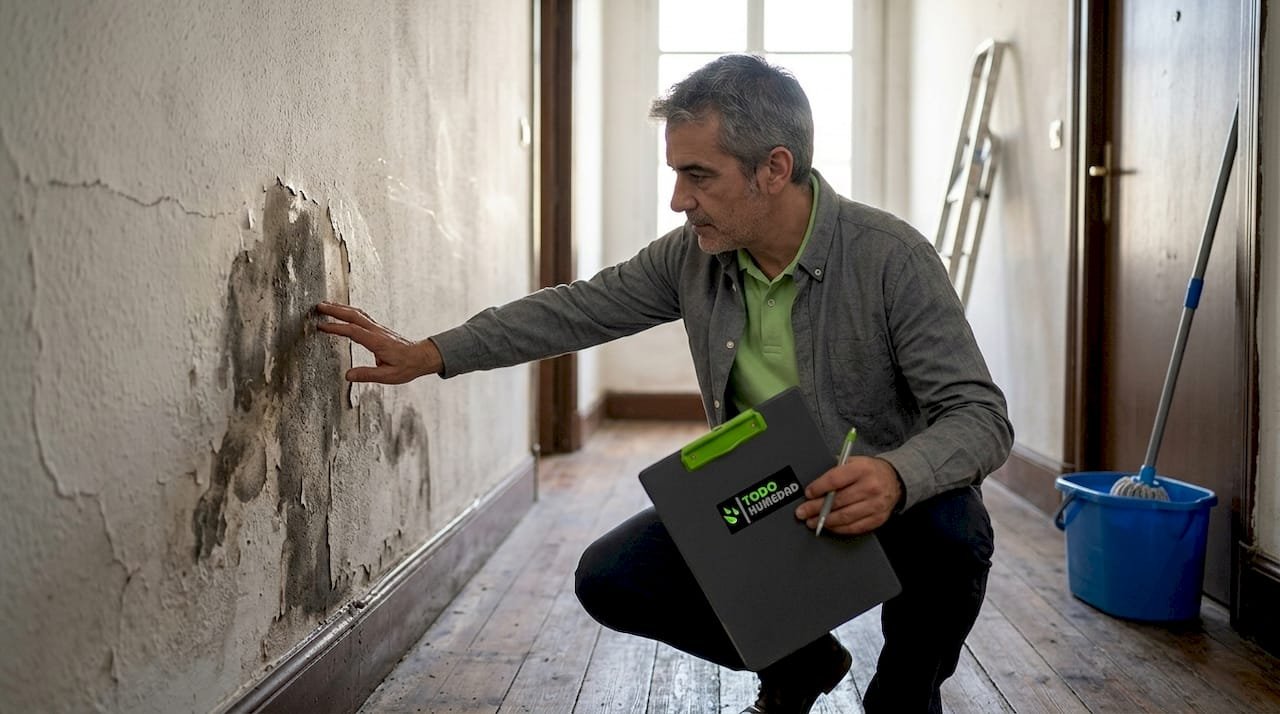 El encargado del edificio inspecciona la humedad en el pasillo