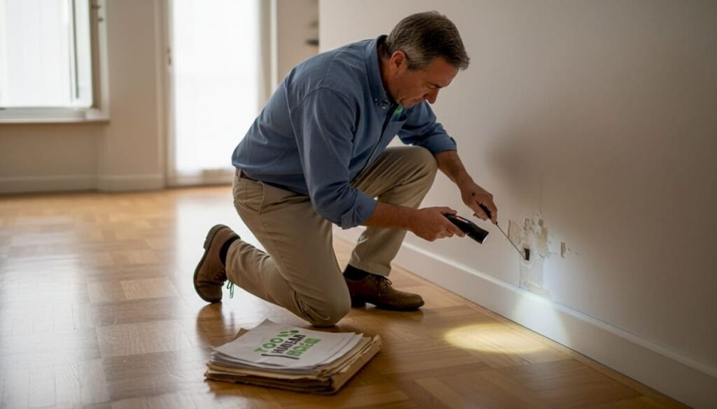 Especialista inspeccionando la pared de una casa para detectar problemas de humedad.