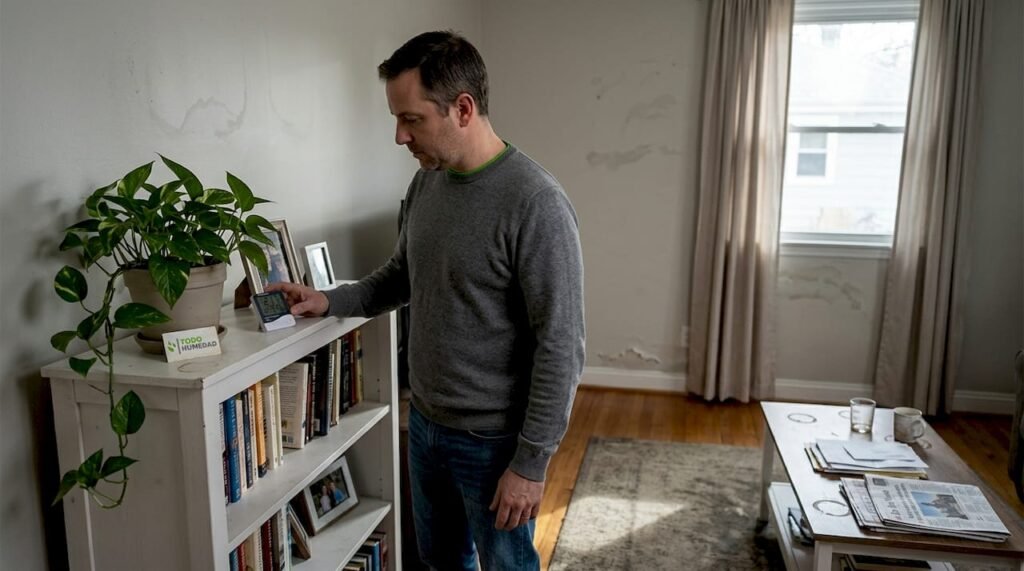 Un hombre comprueba el nivel de humedad en una sala