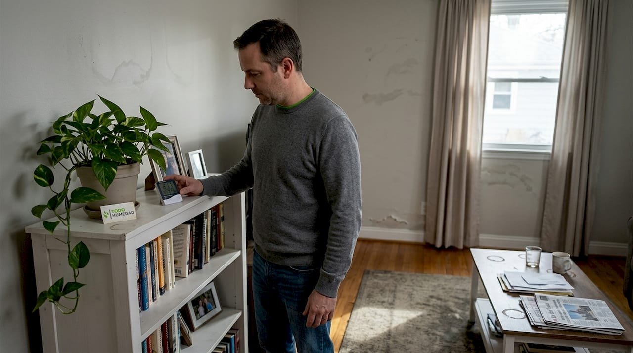 Un hombre comprueba el nivel de humedad en una sala