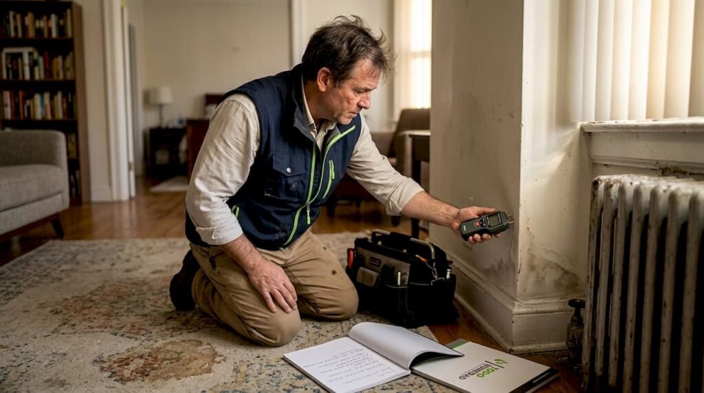 Técnico revisando la pared para detectar problemas de humedad